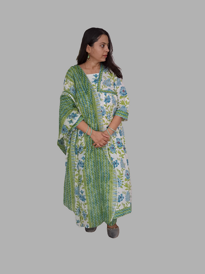 Floral Bliss: Green Pure Cotton Alia Cut Kurta Pant and Dupatta Set