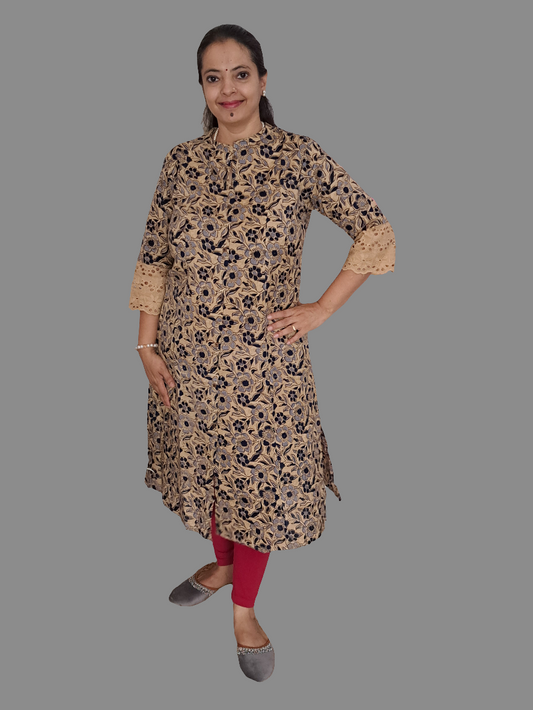 Breezy Botanics: Off White & Blue Floral A-Line Kurti with pockets