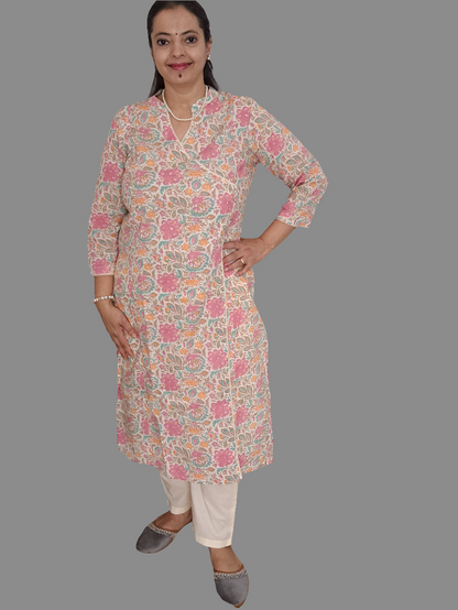 Rose Petal: Floral Pink Cotton Angarkha Set