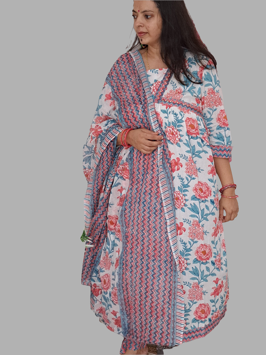 Floral Bliss: Pink Pure Cotton Alia Cut Kurta Pant and Dupatta Set