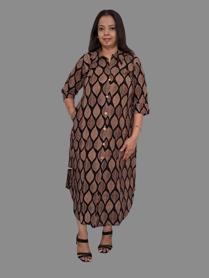 Black Leaf Design Shirt Style Cotton Kurti