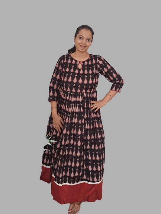 Elegance in Motion: Black and Maroon Flared Long Ethnic Dress