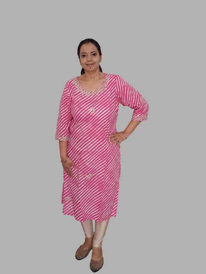 Luminous Drapes: Pink Lehriya Cotton Kurti with Gotta Patti Work