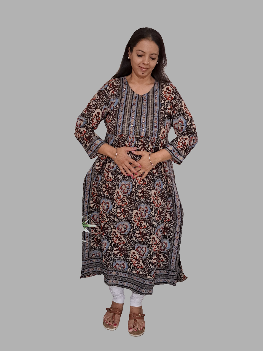 Midnight Symphony: Black and Blue Nyra Cut Cotton Kurti with Yoke and Border