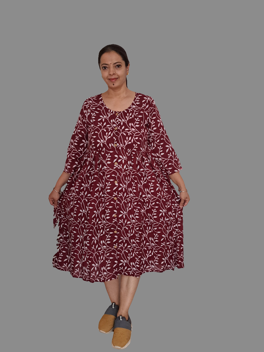 Burgundy Blooms: Maroon and White Floral Cotton Dress