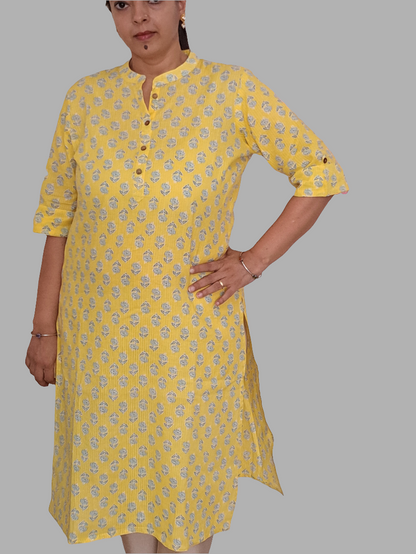 Golden Glow: Yellow Cotton Kurti with 3/4 Sleeve