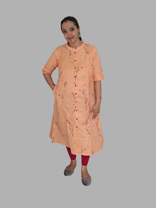 Peach Blossom: Floral A-Line Cotton Flex Kurti