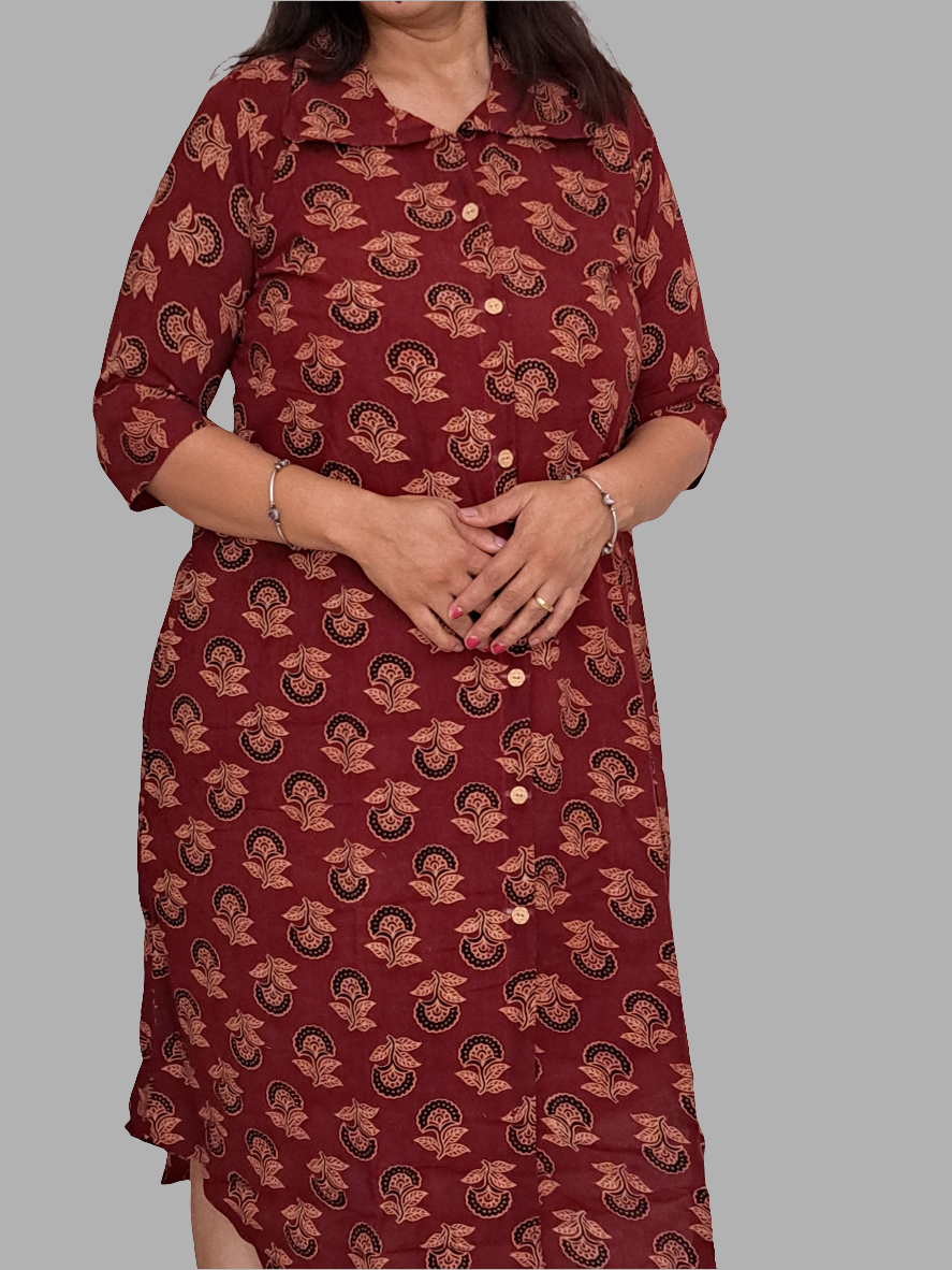 Crimson Harmony: Red Floral Shirt Style Cotton Kurti