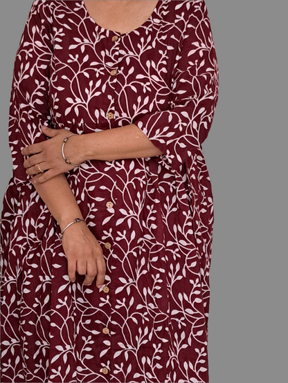 Burgundy Blooms: Maroon and White Floral Cotton Dress