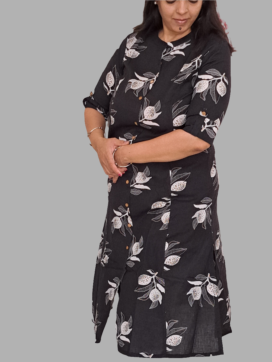 Blossoming Monochrome: Black and White Floral A-Line Kurta