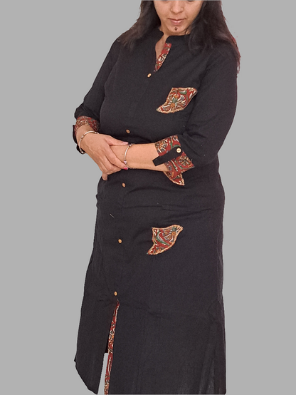 Black Patchwork Cotton Kurti with Pocket