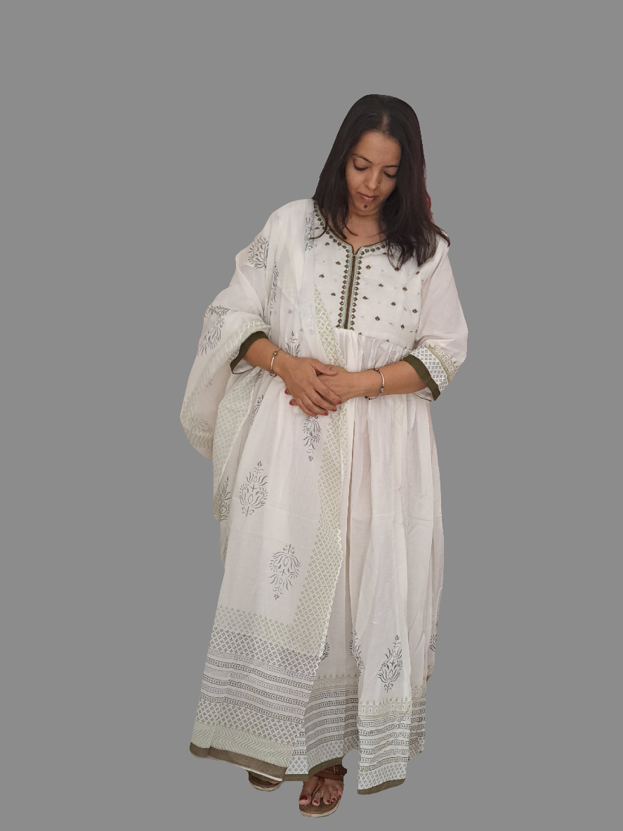 Enchanting Hues: White and Mehandi Green Long Cotton Dress with Mulmul Dupatta