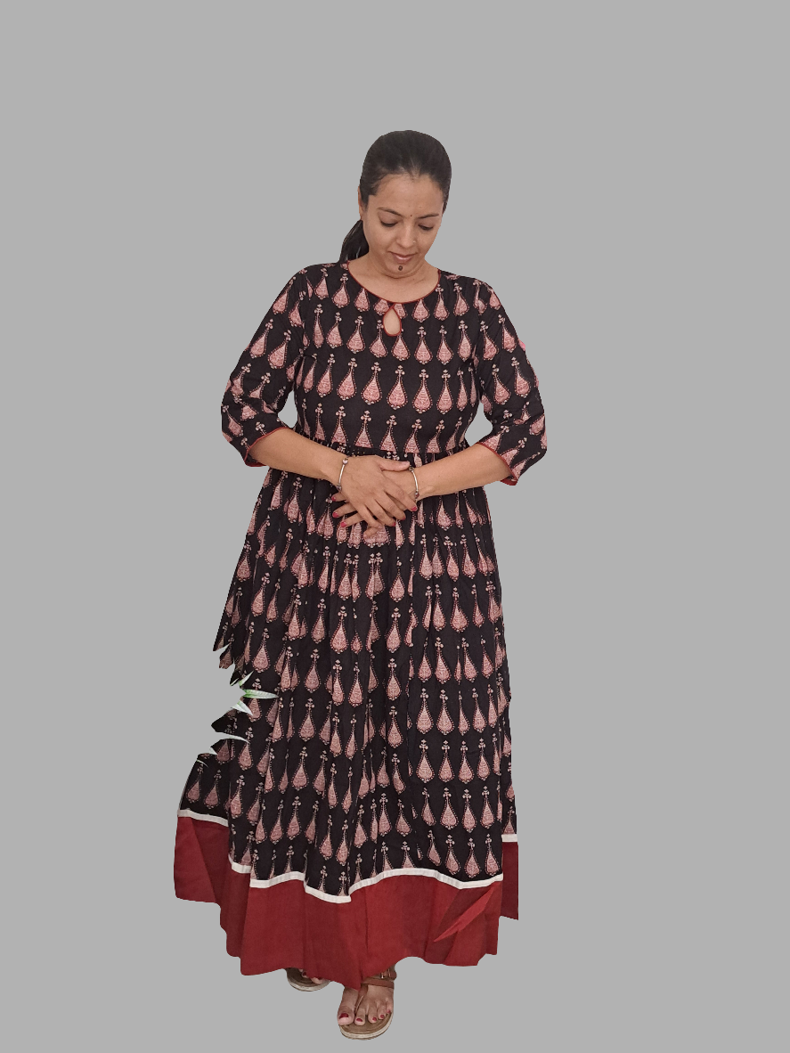 Elegance in Motion: Black and Maroon Flared Long Ethnic Dress