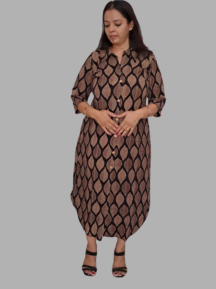 Black Leaf Design Shirt Style Cotton Kurti