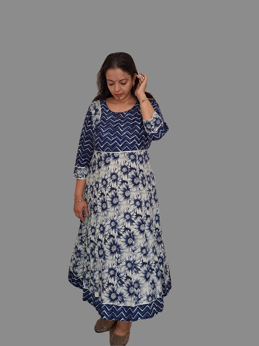 Blue and White Floral Frock Style Long Kurti with Yoke: Timeless Elegance