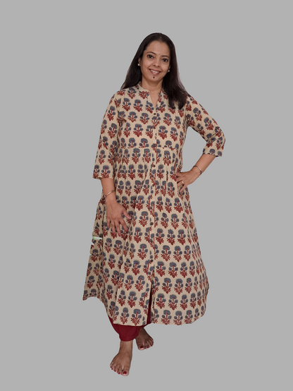 Burgundy Blooms: Beige Maroon Floral Kurti with Harem Pant