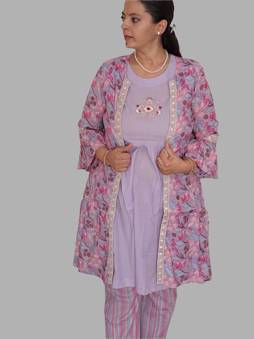 Regal Amethyst: Cotton Purple 3-Piece Shrug Co-ord Set with Hand Embroidery