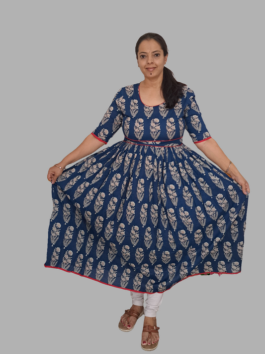 Rhapsody in Blue: Blue and Red Cotton Long Ethnic Dress with Side Pocket