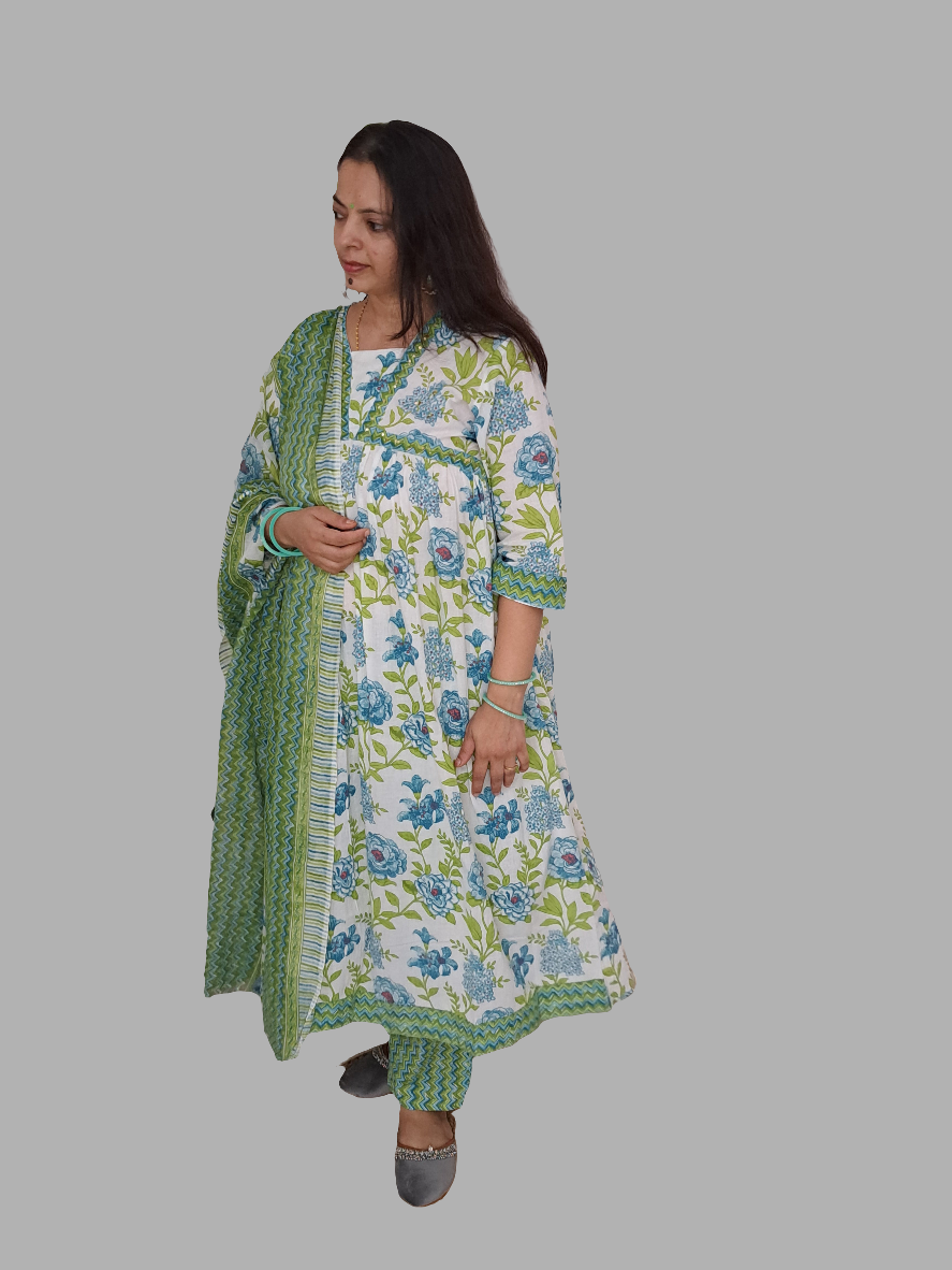 Floral Bliss: Green Pure Cotton Alia Cut Kurta Pant and Dupatta Set