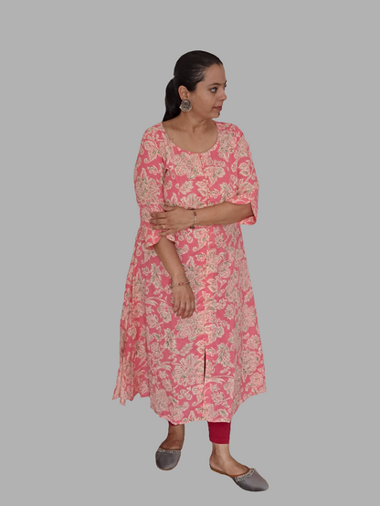 Floral Bliss: Pink Cotton Flex A-Line Kurti