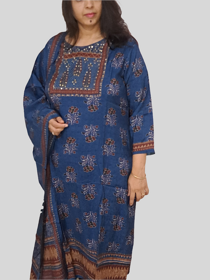 Azure Allure: Pure Muslin Ajarakh Print Dupatta Set