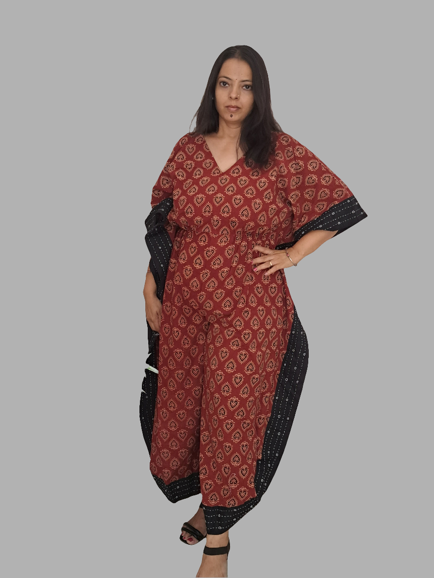 Ebony Fire: Red and Black Cotton Block Print Kaftan Jumpsuit