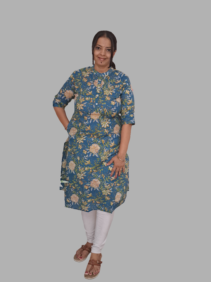 Garden Delight: Light Blue Floral Cotton Kurti