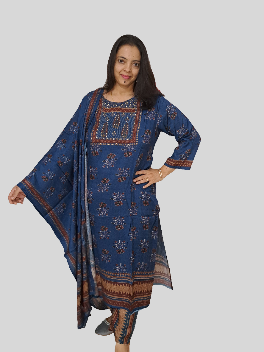 Azure Allure: Pure Muslin Ajarakh Print Dupatta Set