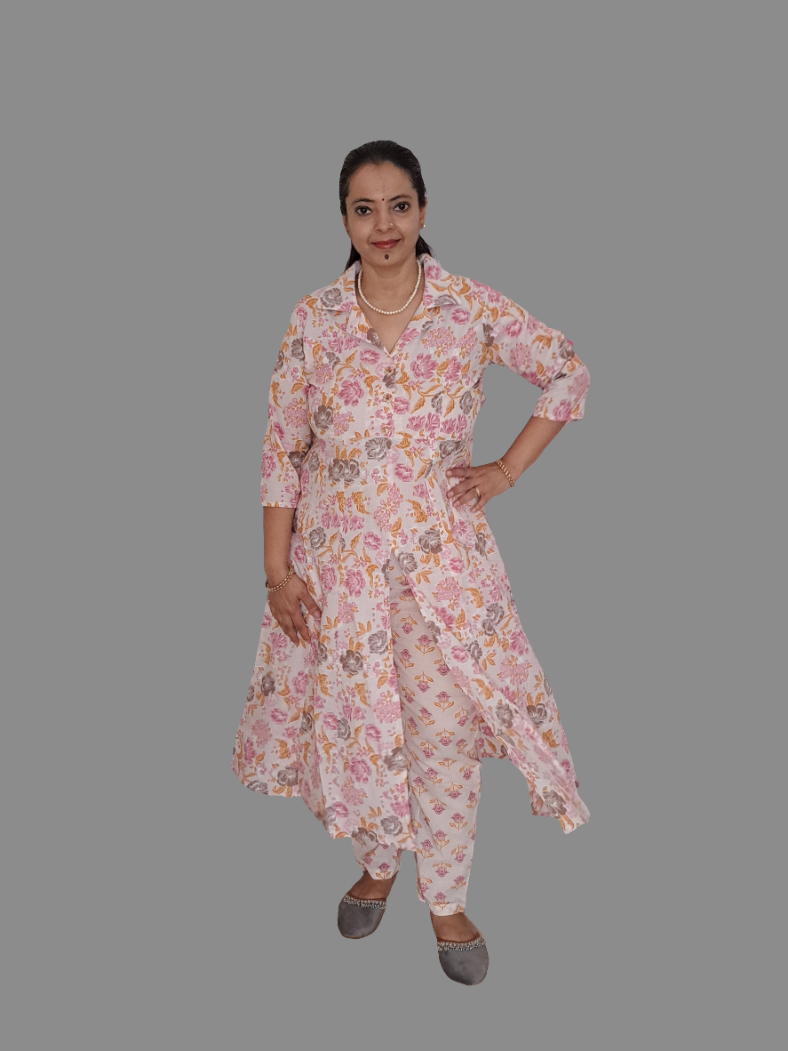 Blossom Chic: Floral Pink Cotton kurta pant Set