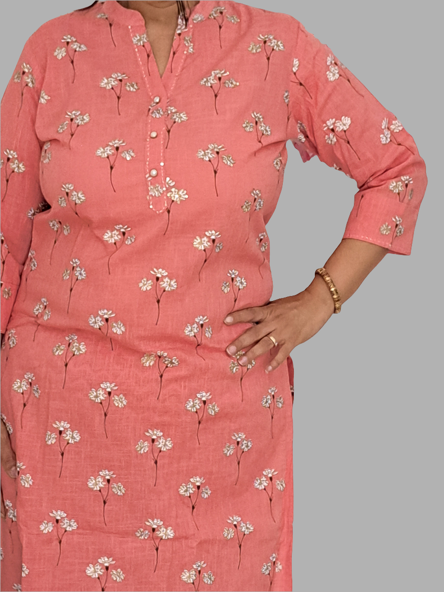 Pearl Essence: Pink Cotton Kurta Pant Set with Pearl Buttons