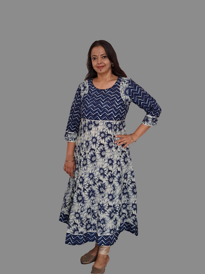 Blue and White Floral Frock Style Long Kurti with Yoke: Timeless Elegance