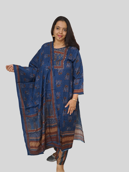 Azure Allure: Pure Muslin Ajarakh Print Dupatta Set