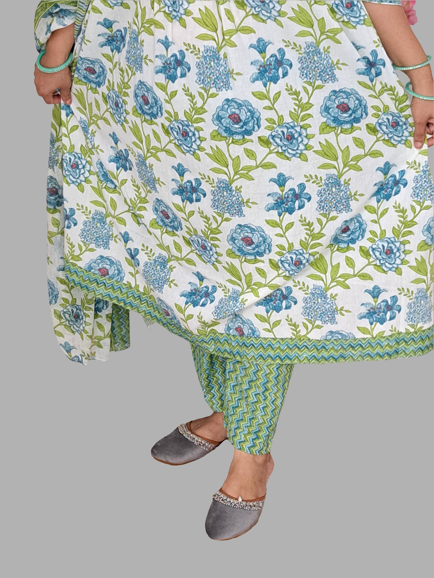 Floral Bliss: Green Pure Cotton Alia Cut Kurta Pant and Dupatta Set