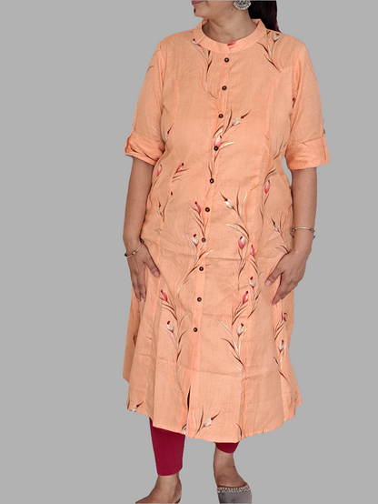 Peach Blossom: Floral A-Line Cotton Flex Kurti