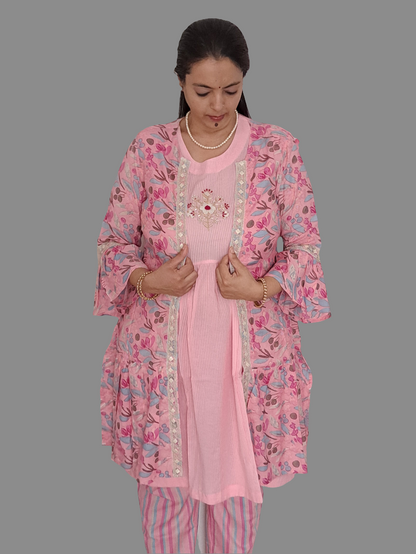 Enchanting Blush: Cotton Pink 3-Piece Shrug Co-ord Set with Hand Embroidery