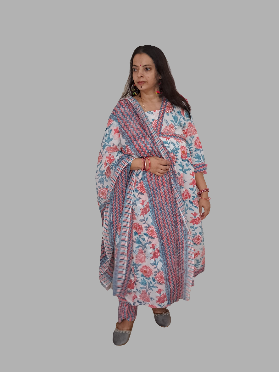 Floral Bliss: Pink Pure Cotton Alia Cut Kurta Pant and Dupatta Set