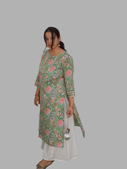 Floral Elegance: Pista Green Floral Cotton Kurta palazzo set with Gota Patti Work