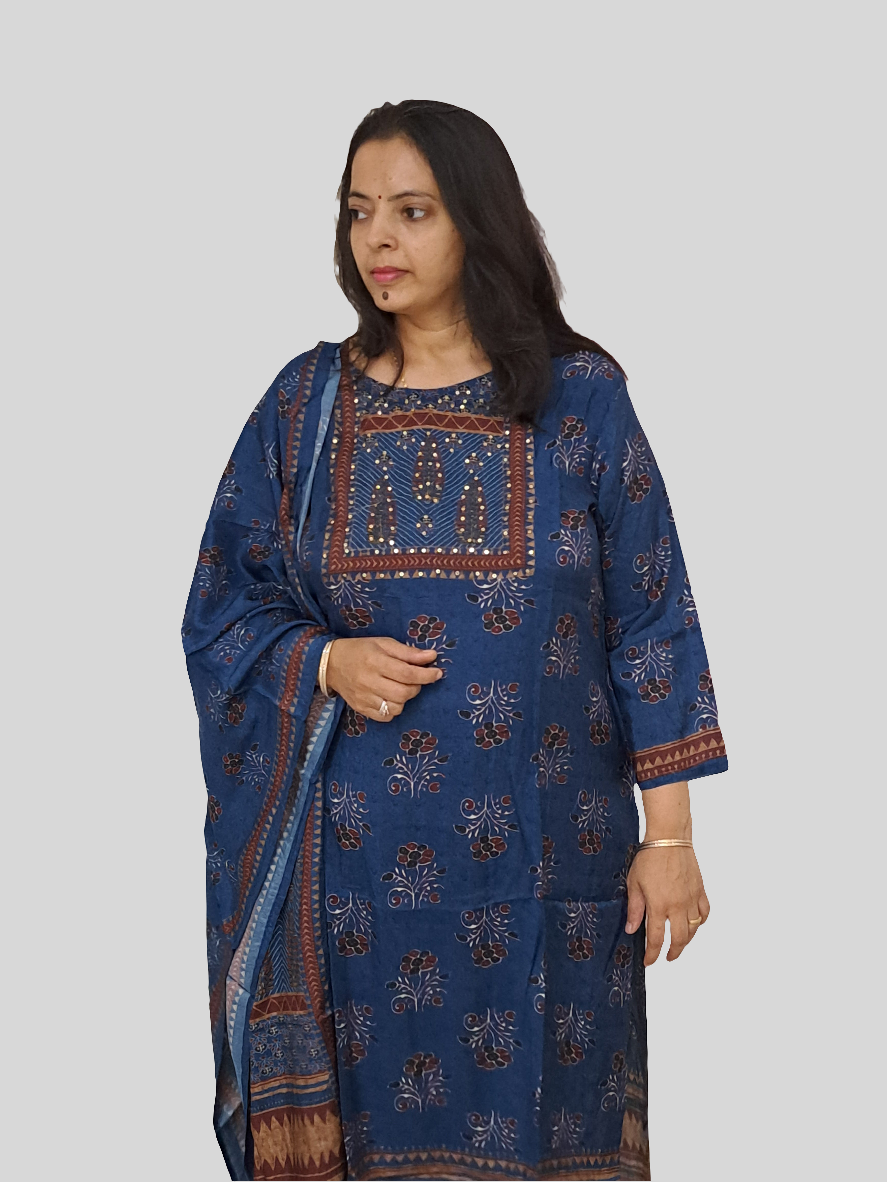 Azure Allure: Pure Muslin Ajarakh Print Dupatta Set