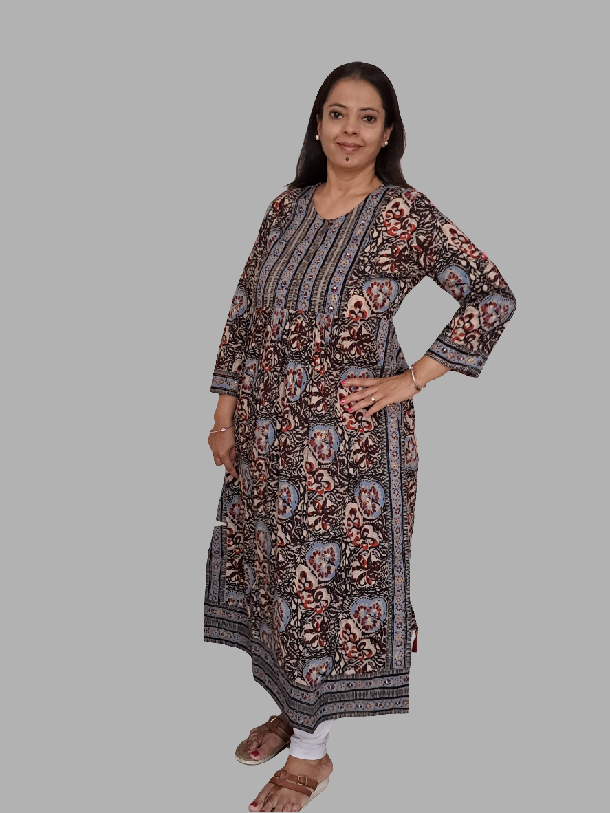 Midnight Symphony: Black and Blue Nyra Cut Cotton Kurti with Yoke and Border