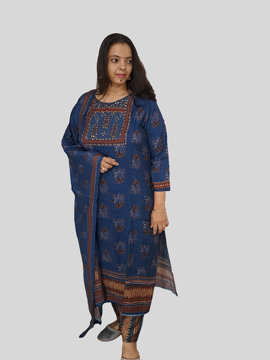 Azure Allure: Pure Muslin Ajarakh Print Dupatta Set