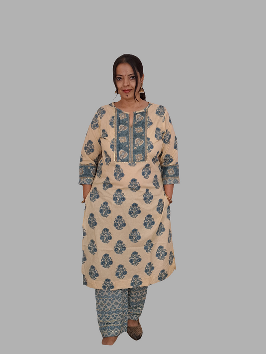 Serene Sky: Beige and Blue Soft Cotton Kurta Pant Set