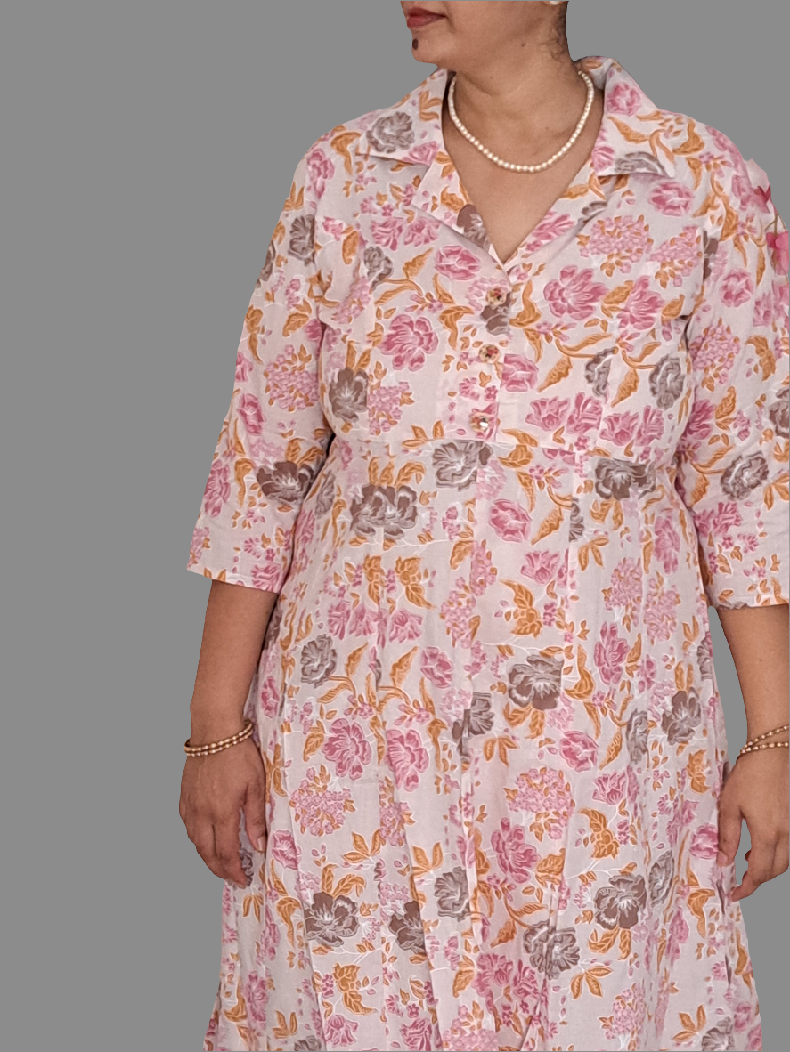 Blossom Chic: Floral Pink Cotton kurta pant Set