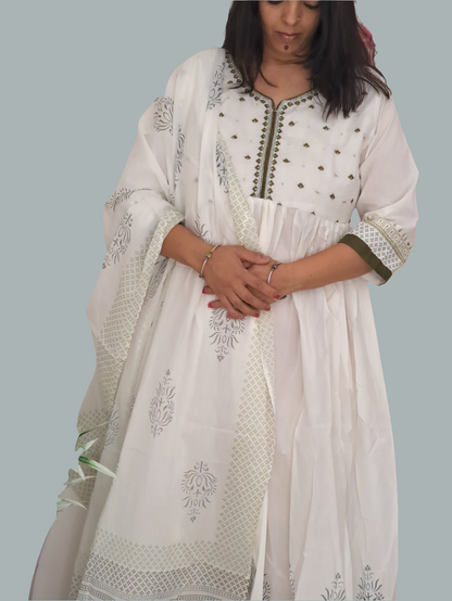 Enchanting Hues: White and Mehandi Green Long Cotton Dress with Mulmul Dupatta