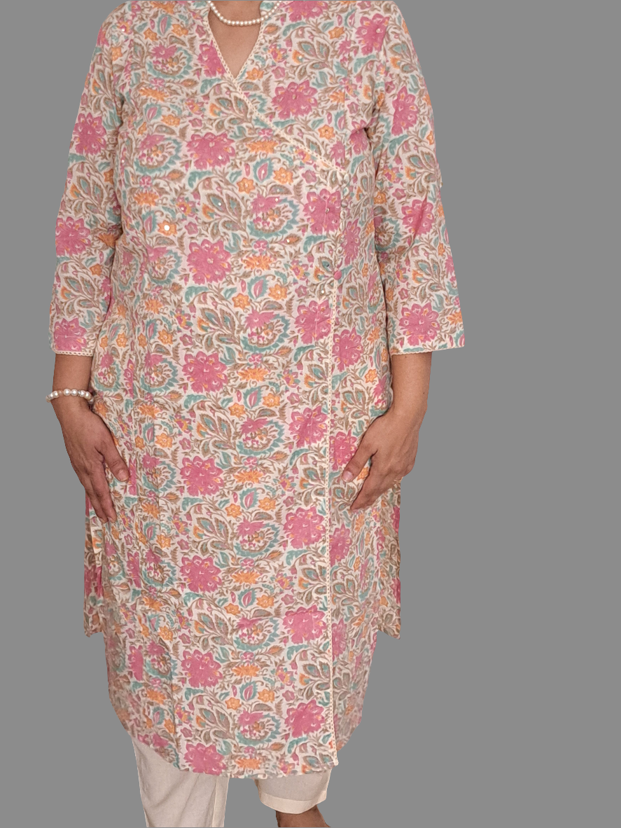 Rose Petal: Floral Pink Cotton Angarkha Set