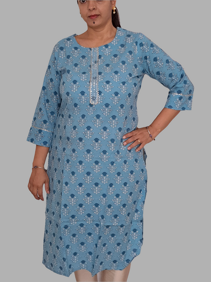 Sky Elegance: Sky Blue Cotton Kurti with Gotta Patti Work