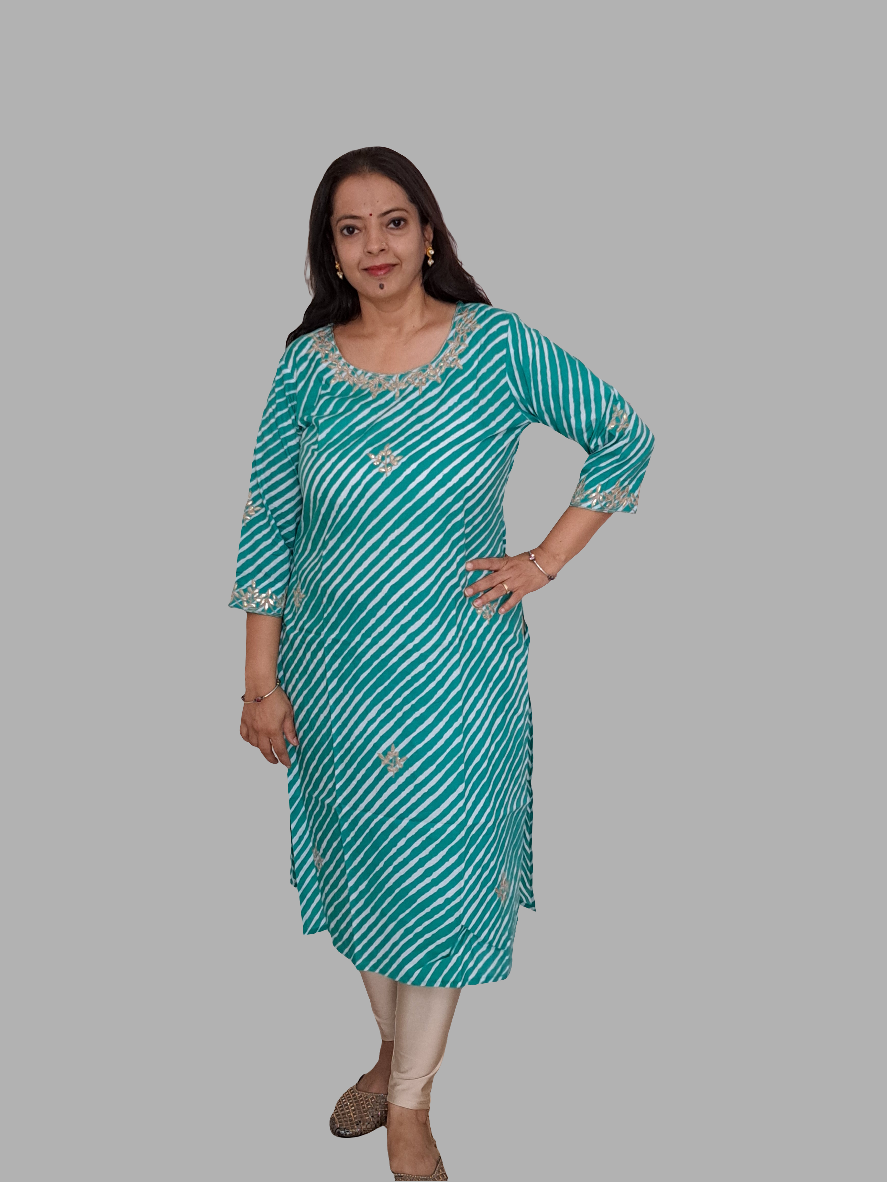 Azure Waves: Sea Blue Cotton Lehriya Kurti with Gotta Patti Work