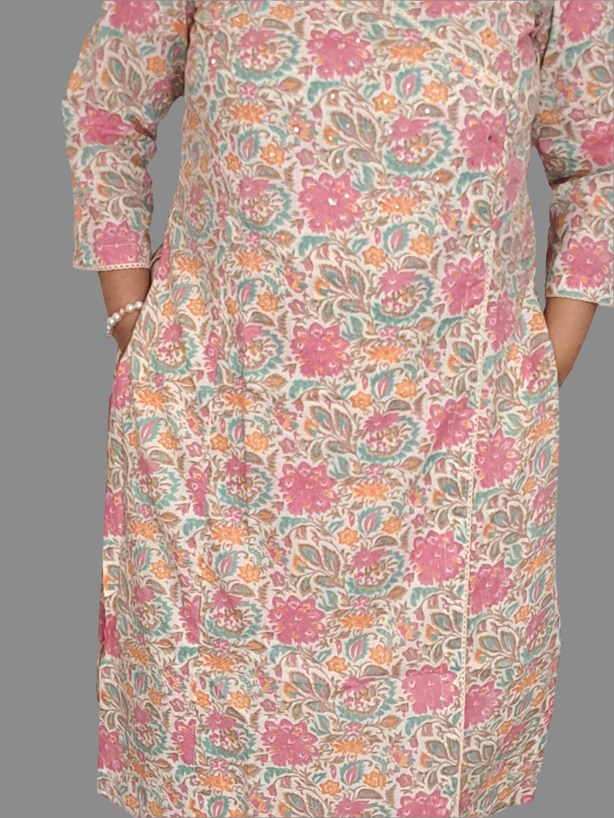 Rose Petal: Floral Pink Cotton Angarkha Set