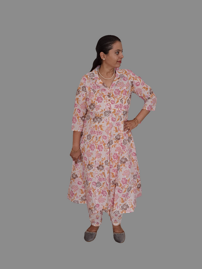 Blossom Chic: Floral Pink Cotton kurta pant Set