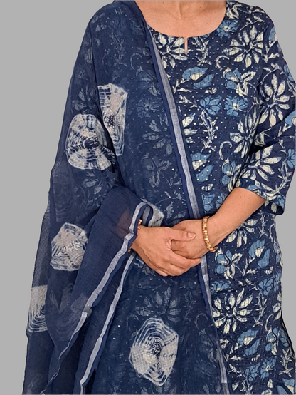 Blue and beige kurta pant set with kota doria dupatta