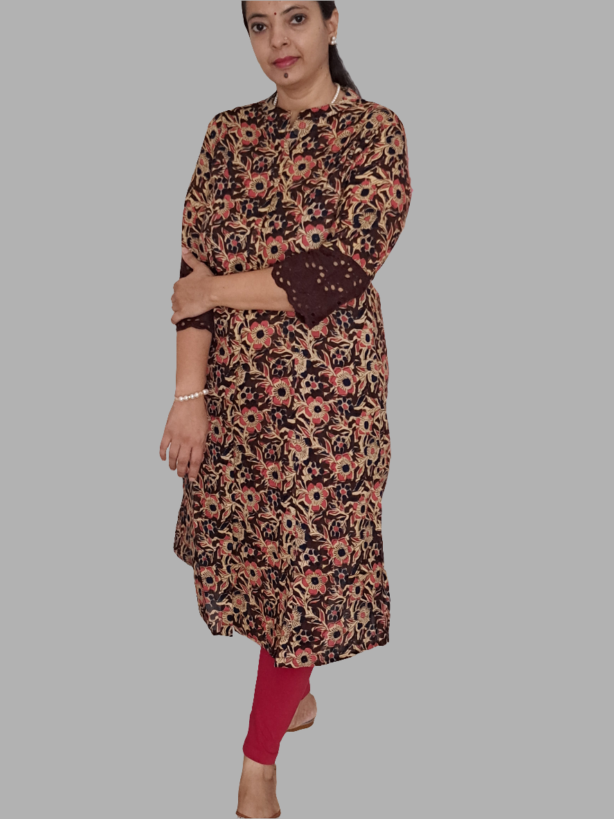 Nature's Hues: Brown & Blue Floral A-Line Kurti with pockets